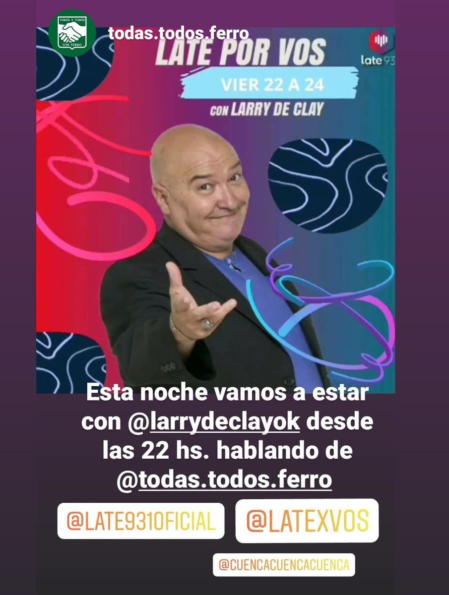 con_ferro's tweet photo. Desde las 22 hs. Vamos a estar en @latexvosok por Late, FM 93.1, con Larry de Clay. Allí vamos a contar todo nuestro trabajo. ¡Los esperamos! #TodasTodosConFerro #Ferro #FerroCarrilOeste https://t.co/Z5kPOllW0f