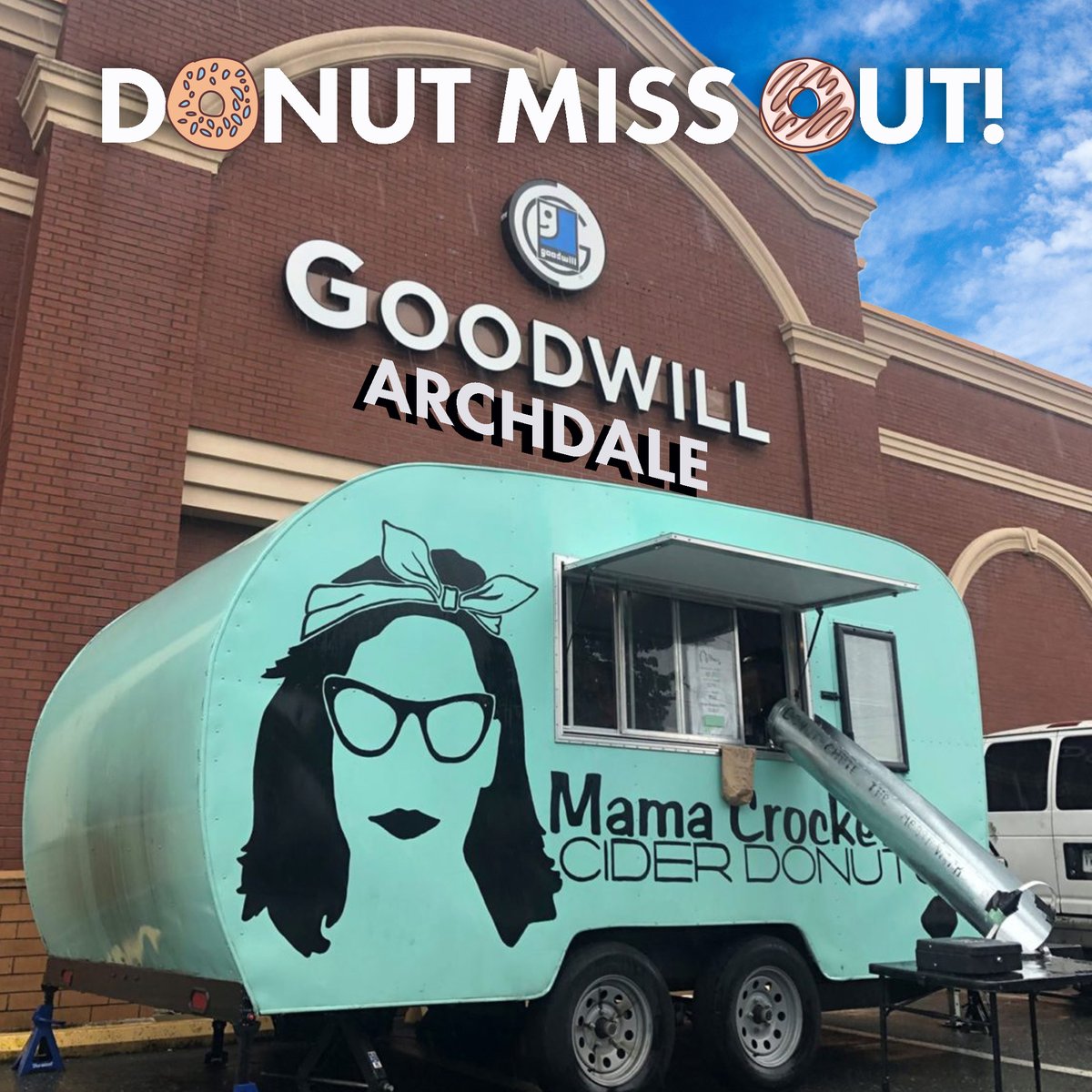 TriadGoodwill's tweet photo. 🍩 Donut miss out! @mamacrocketts will be at our Archdale store TOMORROW (October 17th) from 8am-2pm! So pop by for some sweet #thriftscores and delicious cider donuts! 🍩
#archdalenc #foodtruck https://t.co/DQMC0UiisP