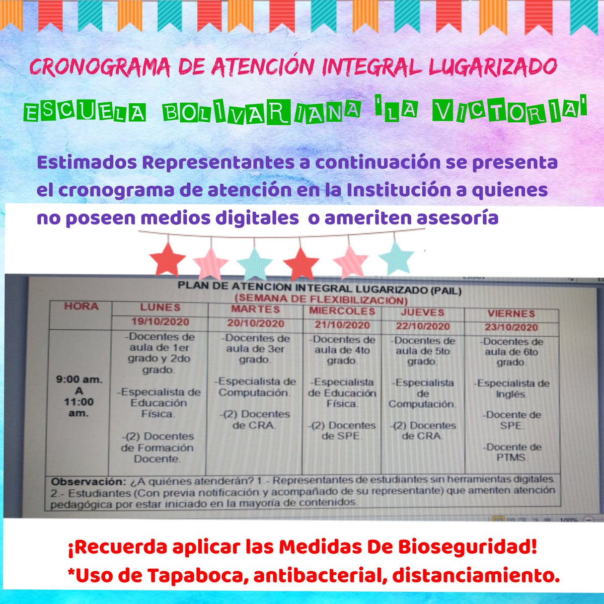 La EB La Victoria abre sus puertas para llevar a cabo la atención integral Lugarizada brindando Asesoría a los padres, madres y/o representantes, en semana de Flexibilización ✌️😷
#CadaFamiliaUnaEscuela
<a href="/clifpdjunin2018/">@clifpdjunin2018</a> <a href="/charlychaves/">Charly Rojas Chaves</a> <a href="/COORDpdeJUNIN/">@defensoriaeducativa</a> <a href="/2018Cra/">CDCE Junín Táchira</a> <a href="/Aristobulo_Psuv/">AristobuloPsuv</a>