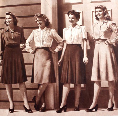 While stocky shoulder pads were in in the 1940s, women were still encouraged to keep that slim waist. Here's some images of real women in the 40s.