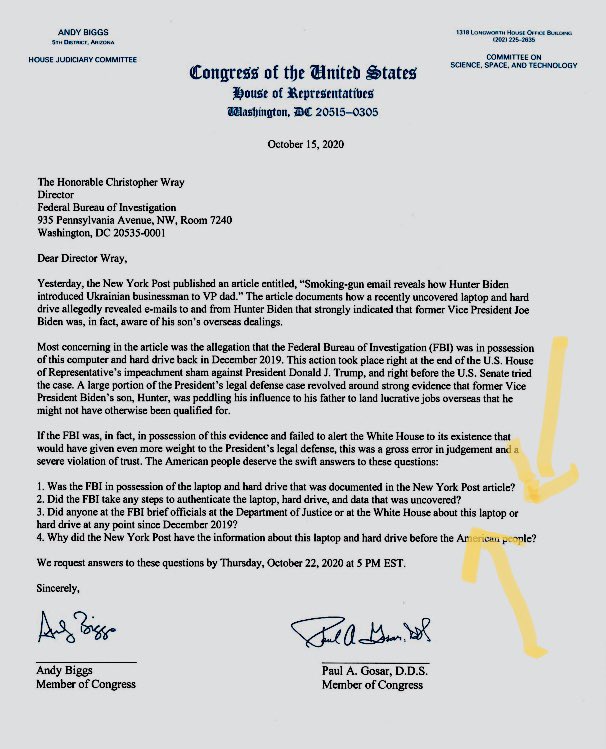C__Herridge's tweet photo. READ: Letter from 19 house Republicans to Director Wray asks main questions surrounding @FBI forensic analysis of alleged Hunter Biden hard drive + timing. Separately, Republican @SenRonJohnson told @CBSNews FBI would not offer details to his staff about status @andybiggs4az https://t.co/5HECZ1Y7Cs