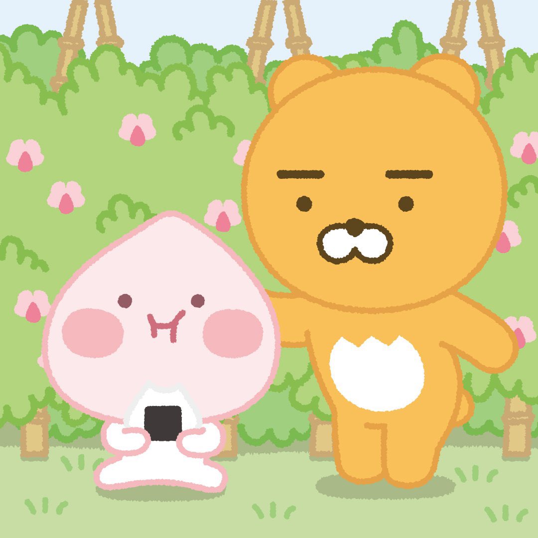 アピーチ Apeach 公式 アピーチが元気がない時には ライアンがおまじないを込めて 作ったおにぎりを食べて 元気になるよ アピーチもそばに大好きな カカオフレンズの お友達がいればいつでも頑張れる Apeach アピーチ Ryan ライアン パロディー