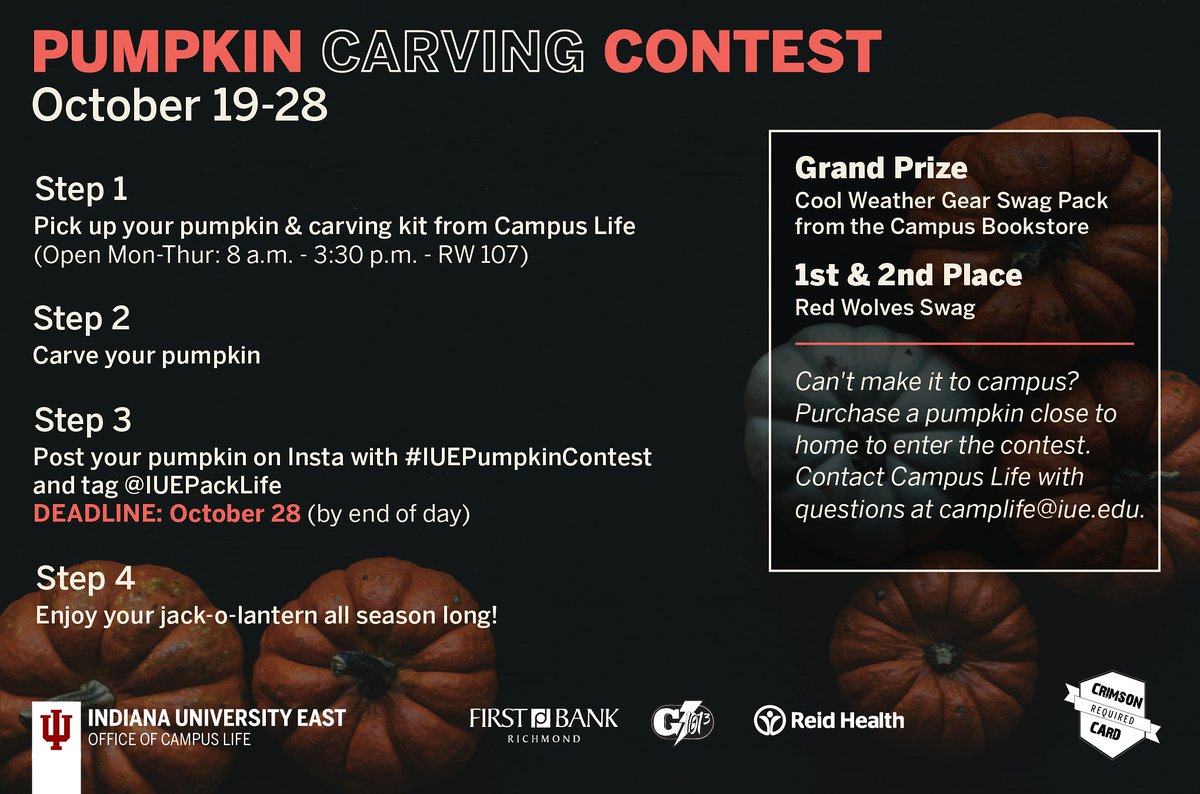 iuepacklife's tweet photo. Stop by the Campus Life Pumpkin Patch (RW 107) for a free pumpkin and carving kit. 🎃🎃🎃 Head to our IG to enter the contest! Grand prize: Cool Weather Gear Swag Pack from the Campus Bookstore. https://t.co/Aq9BF50vRJ