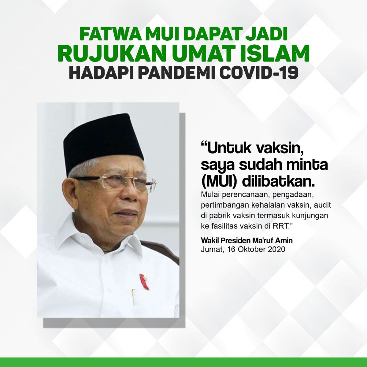 fadjroeL's tweet photo. "Untuk vaksin covid-19, saya sudah minta MUI dilibatkan," kata Wapres @Kiyai_MarufAmin #VaksinCovid19HALAL #UUCiptaKerjaBerkah #OmnibusLawBerkah https://t.co/dMqW9hRXlQ