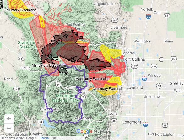 Map provided by  @9NEWS of the burn areas, voluntary and mandatory fire evacuations of the Cameron Peak Wildfire.Judging by the list of evacs & the direction the smoke will blow tomorrow, it is likely the helicopter flights at around 5PM were to leave Christman Field NW of FOCO.