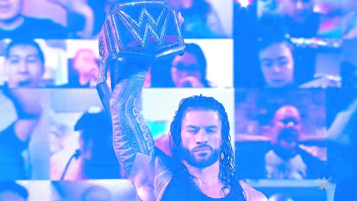 WWE's tweet image. With @Goldberg looking on... we've got a BIG FIGHT FEEL in the #WWEThunderDome!

#SmackDown @WWERomanReigns @BraunStrowman @HeymanHustle