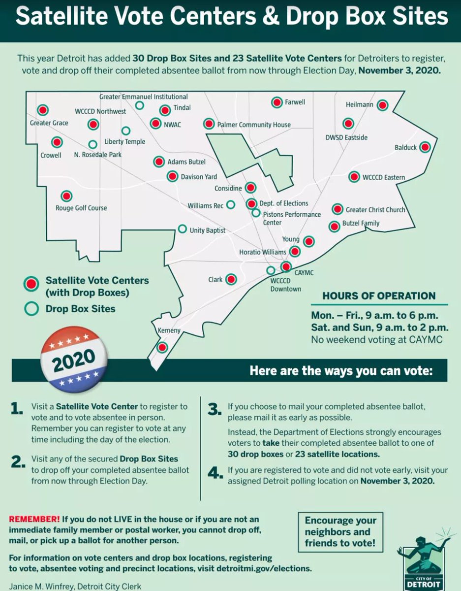  MAP: Detroit voters -- Here is a map of satellite voting locations and secure drop box locations in the city! INFO: Everyone -- Lots of great voting info at  http://michiganvoting.org  HOTLINE: Voting rights Qs now, up to Election Day, or on Nov. 3? Call 866-OUR-VOTE!