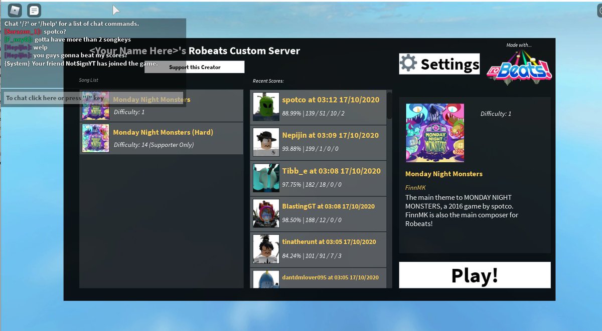Spotco Robeatsdev On Twitter The Robeats Custom Server Template Just Got A Lot More Awesome Saves Settings And Recently Played Leaderboard Check It Out And Snipe Some Monday Night Monsters Scores Https T Co Brs4sruuoy - how to copy copylocked games on roblox 2020