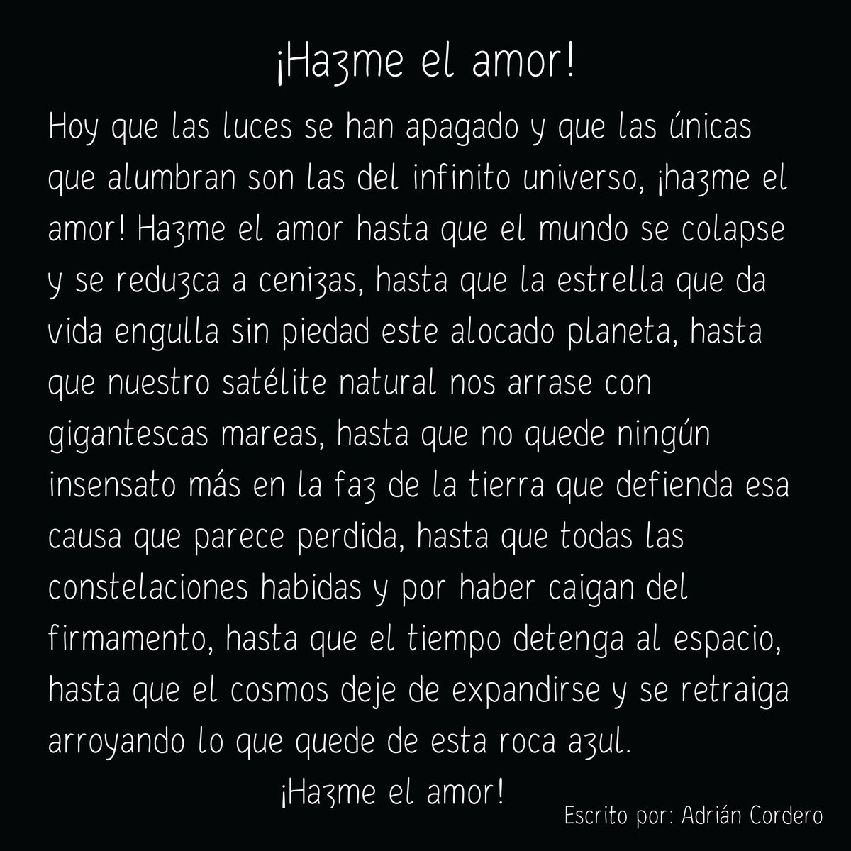 NovatoNovatos's tweet photo. ¡Hazme el amor!
.
.
#relaro #microrelato ✒️ #cuento #historia  #literatura #editorial 📚 #texto #narracion #lectura 📕 #amor ❤️ #mundo #escritoresdeinstagram https://t.co/il2PEAVuwy