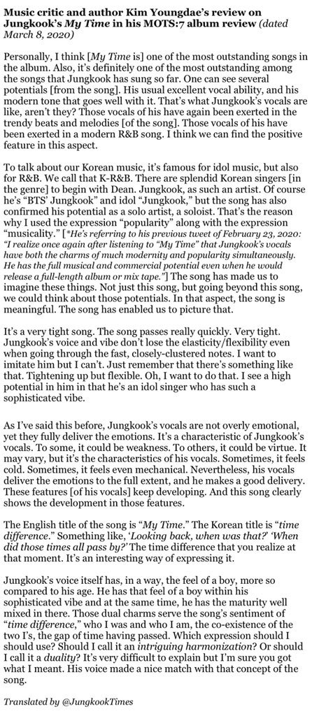 Kim Youngdae, KMA committee member, has once again praised My Time. Jungkook has the full musical and commercial potential should he come with a full length album or mixtape. Kim Youngdae is known for praising Jungkook a lot. That’s why I can’t fit all of his praises in a thread.