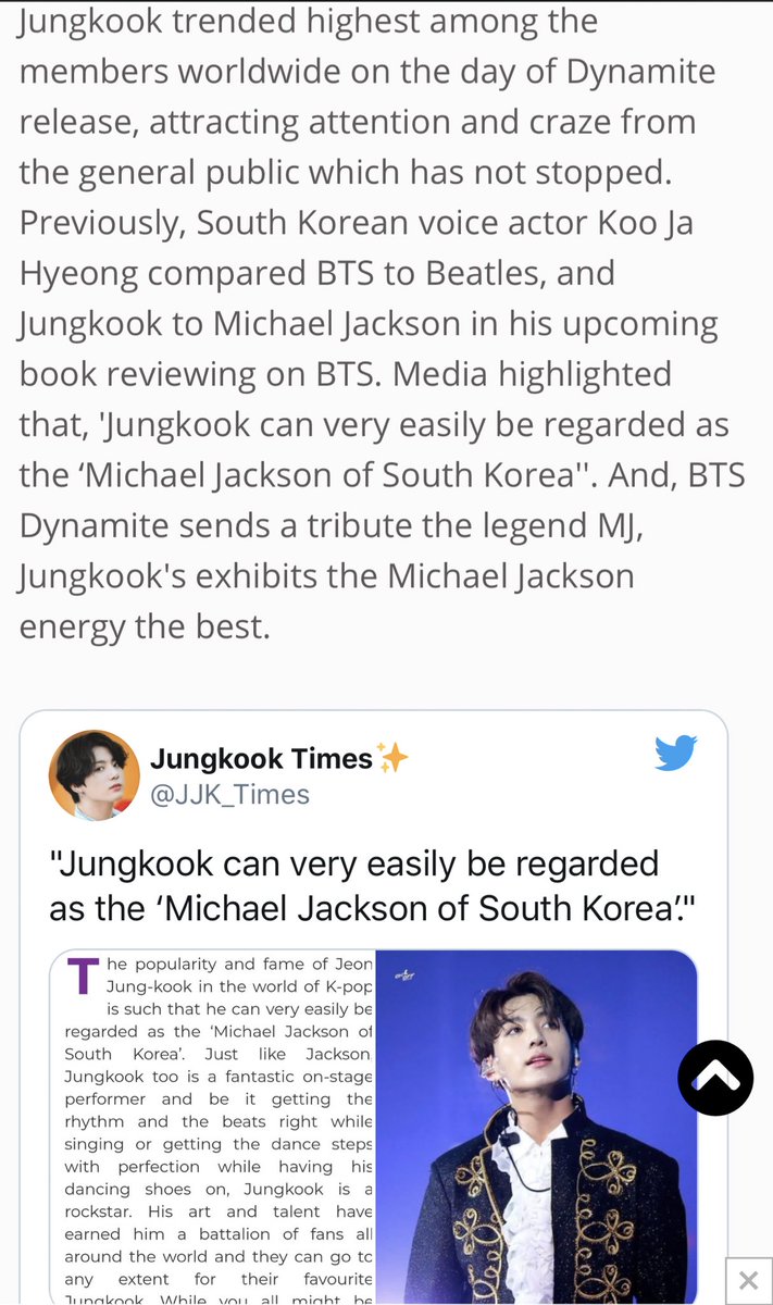 Especially after Dynamite but also generally speaking, Jungkook earned himself the nickname ‘Jungkook Jackson’, being referred to ‘as good as Michael Jackson’, by music critic Gu Jahyung. https://n.news.naver.com/article/022/0003462190