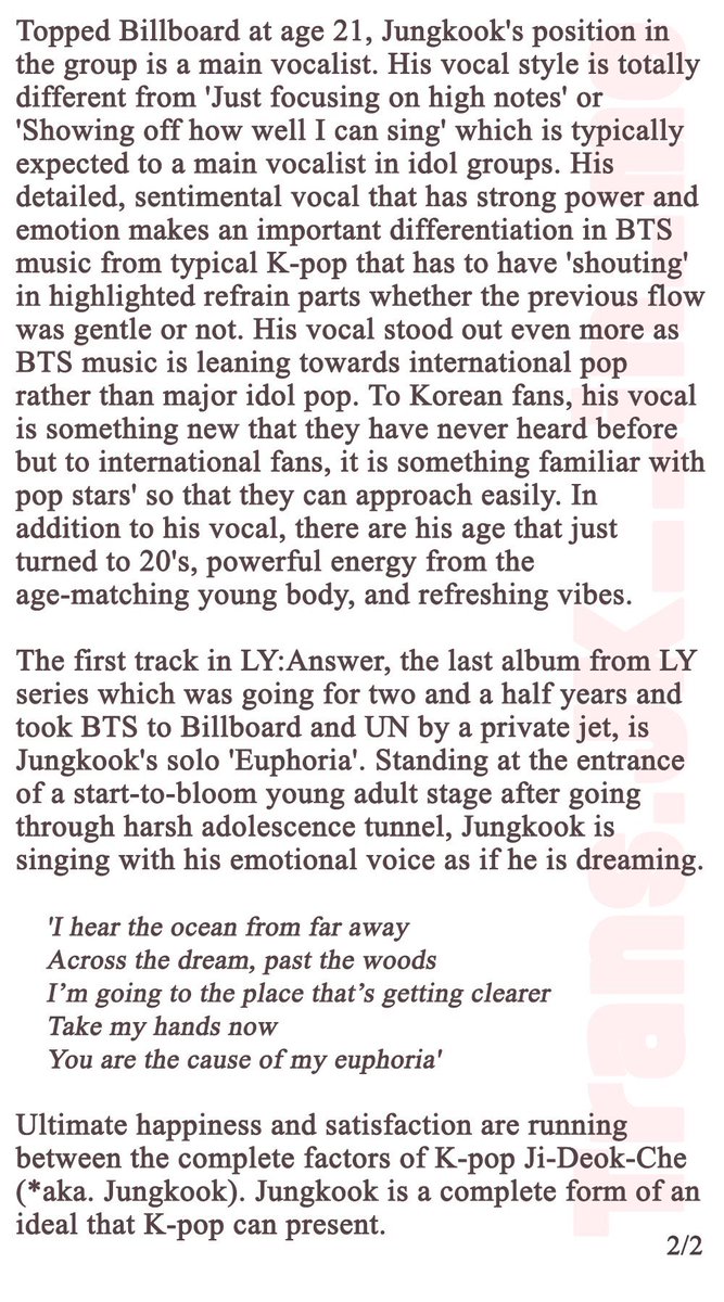 Kim Yoon-Ha, KMA committee member, wrote a long article about Jungkook’s voice. Jungkook as the main vocalist made a differentiation from other typical Kpop groups because of his sentimental voice. She also said that Jungkook sings with an emotional voice as if he is dreaming.