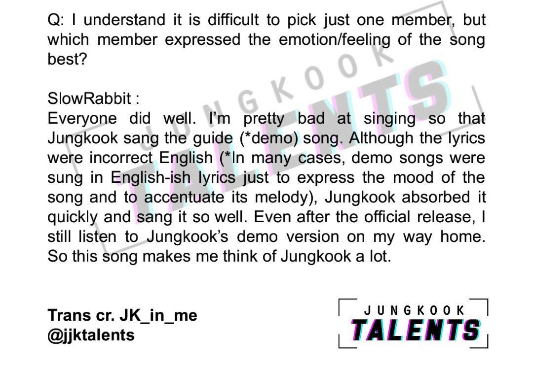 Slow Rabbit, well known producer in Bighit, praised Jungkook. It’s a known fact that Jungkook almost always sings the guide to BTS songs. Slow Rabbit liked his guide so much that he still listens to it after its release.