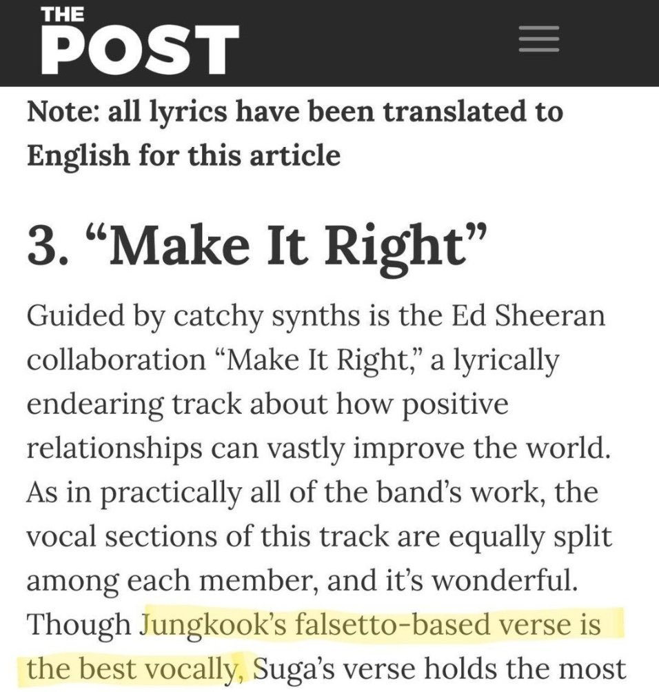 Jungkook often gets special mentions from Forbes, The Post and various media outlets about his vocals in BTS songs. Examples of those songs being Stay Gold, Make It Right and Crystal Snow.