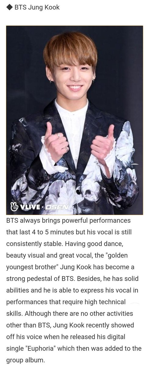 Jungkook again being listed as one of the most unique vocals, but also as one of the top 5 of almighty main vocalists. They stated that Jungkook expresses his vocals in performances that require high technical skills.