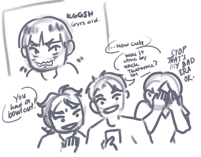 yes kggsh's kid had a bowl cut like tsutomu,,,, 
no he did not like it thats why he parted his hair asap 