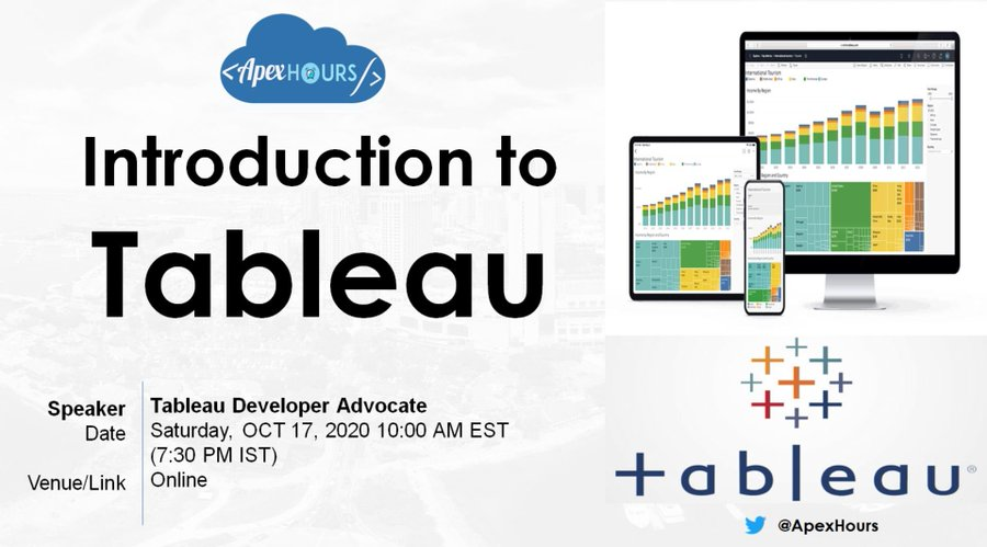 ApexHours (@apexhours) on Twitter photo Want to learn about <a href="/tableau/">Tableau</a> ?
Date : Sat, Oct 17, 2020 10:00 AM EST (7:30 PM IST)
Speaker : Tableau Developer Advocate's ( <a href="/illonage/">Geraldine (Gigi) Zanolli</a> <a href="/jdemby/">John Demby</a> <a href="/joannpeach/">JoAnn Peach</a> )
RSVP : apexhours.com/introduction-t…
Get a chance to win $200 certification Voucher.
<a href="/TableauCRM/">Salesforce Analytics</a> <a href="/tableau/">Tableau</a> Want to learn about <a href="/tableau/">Tableau</a> ?
Date : Sat, Oct 17, 2020 10:00 AM EST (7:30 PM IST)
Speaker : Tableau Developer Advocate's ( <a href="/illonage/">Geraldine (Gigi) Zanolli</a> <a href="/jdemby/">John Demby</a> <a href="/joannpeach/">JoAnn Peach</a> )
RSVP : apexhours.com/introduction-t…
Get a chance to win $200 certification Voucher.
<a href="/TableauCRM/">Salesforce Analytics</a> <a href="/tableau/">Tableau</a>