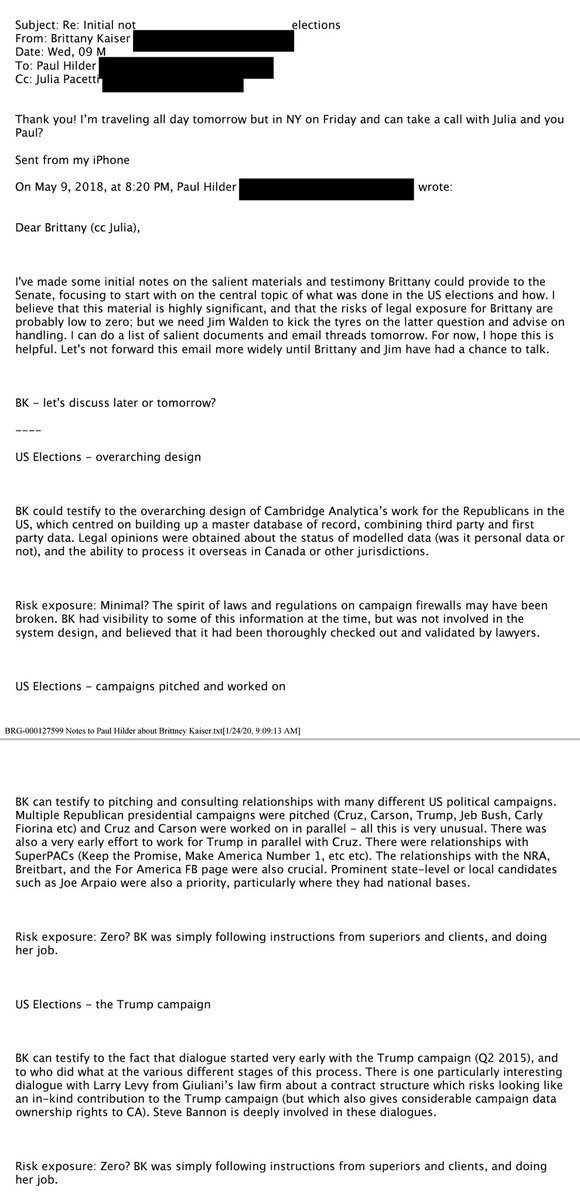 Fans of  #TheGreatHack will appreciate this rundown by  @paulhilder prepping Brittany on topics and risk exposures for testimony to the SSCI. We can since read what the Senate used from her evidence in Vol5 of their Russia report, the section titled Influence for Hire.