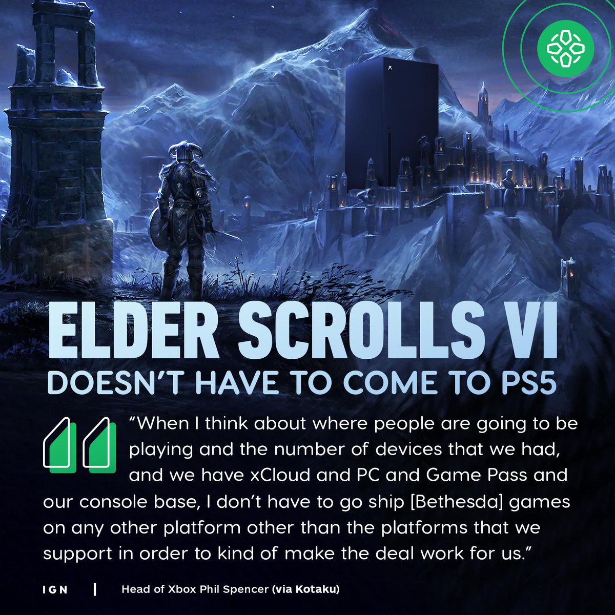 IGN's tweet photo. When asked if it’s possible for Microsoft to recoup its $7.5 billion investment in Bethesda without putting games like Elder Scrolls VI on PS5, Xbox head Phil Spencer says he definitely think it’s doable within the Xbox/PC ecosystem. https://t.co/oTTRQGI6hf https://t.co/XlrDvsME9m