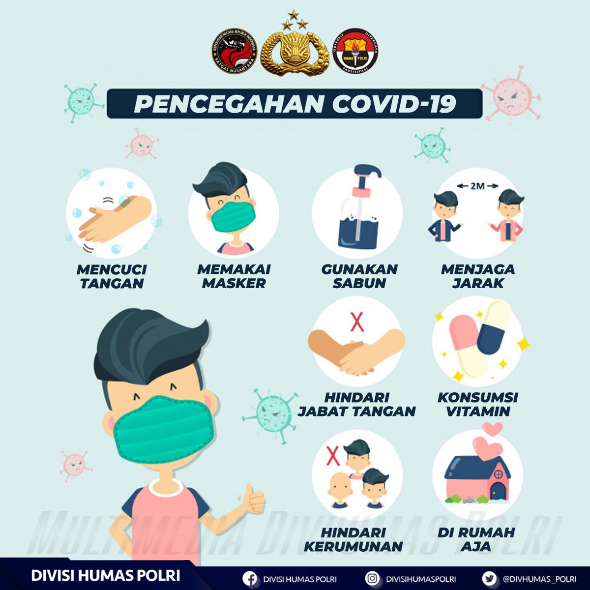 Raden12316's tweet photo. Pencegahan Covid-19 

Menjaga kesehatan adalah sebuah kewajiban buat kita. Berbagai cara bisa kita lakukan untuk mencegah penyebaran virus corona di sekitar kita, antara lain:

1. Rajin mencuci tangan
2. Pastikan kamu selalu memakai masker saat beraktivit

#TetapDisiplinProkes https://t.co/8S4DGE4zXy