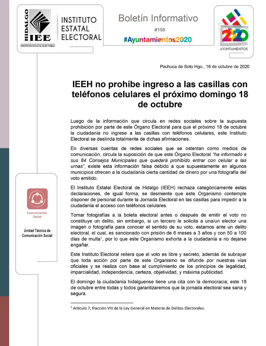 IEEHidalgo's tweet photo. #BoletínIEEH || IEEH no prohíbe ingreso a las casillas con teléfonos celulares el próximo domingo 18 de octubre

#HidalgoVota #Octubre18 #Ayuntamientos2020 #EleccionesSanas https://t.co/kmvH5DKecr