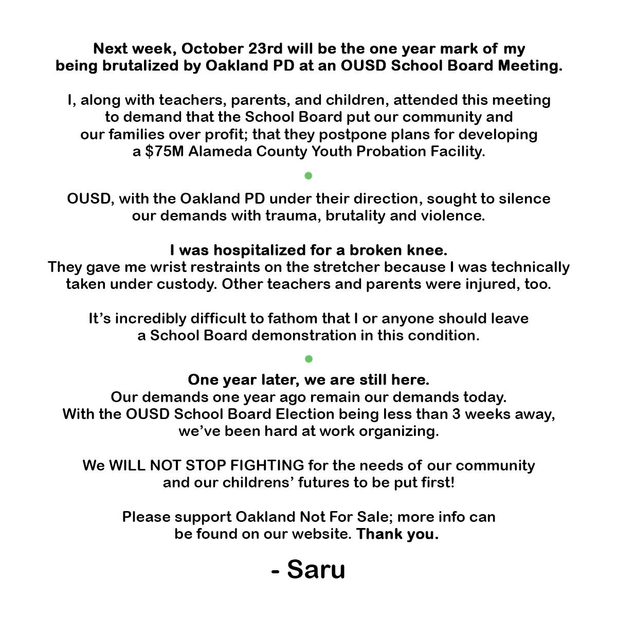 Tonight, I have an important statement to share on behalf of myself, the educators, and the families that constitute <a href="/ForOakland/">OAKLAND NOT FOR SALE</a>. We need your support.
TW: Assault, Police Brutality.  

#OaklandNotForSale