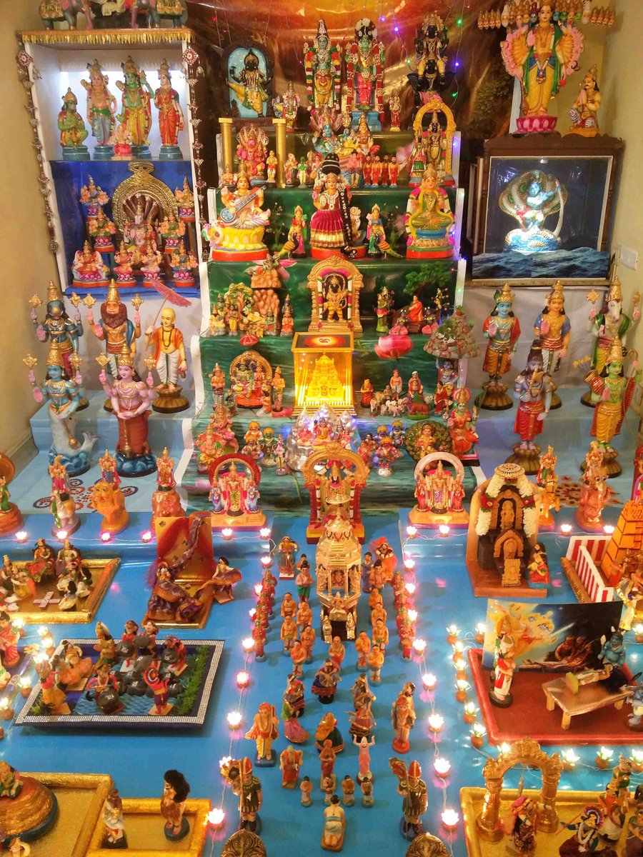 7. In Tamil Nadu, three goddesses, Durga, Laxmi and Saraswati, are worshipped for three days each. Devotees set up steps (kolu) at the corner of their household with golu dolls arranged on them. People invite friends and family and a special dish Sundal is made for this time.