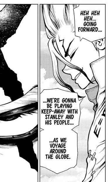 Xeno’s panel is most likely showing him in the actual physical space, and seeing how this and 169 panel are pretty much the same, we are being shown a delayed moment of xeno’s reaction to senku’s remark. Therefore xeno’s image here is unlikely Stanley’s thought of him.