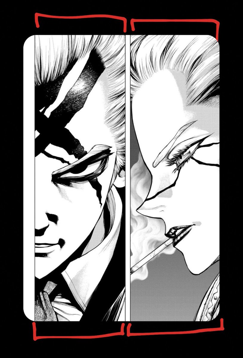 Directly applying the iconic quote “a single soul dwelling in two bodies,” we can see this in the panel composition. Along with the quote by Plato, with both of them only showing a half of their face and also the page symmetrically split into two alludes to these philosophies