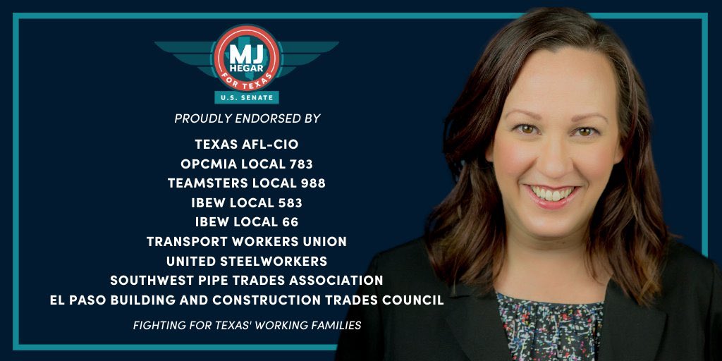 “I’ll always support the rights of workers to unionize and collectively bargain for safe and healthy working conditions, fair wages, and to secure benefits and pensions. In addition, I will fight efforts to cut pensions, Social Security, and Medicare.” ~ MJ HEGAR  #TXsen 11/20