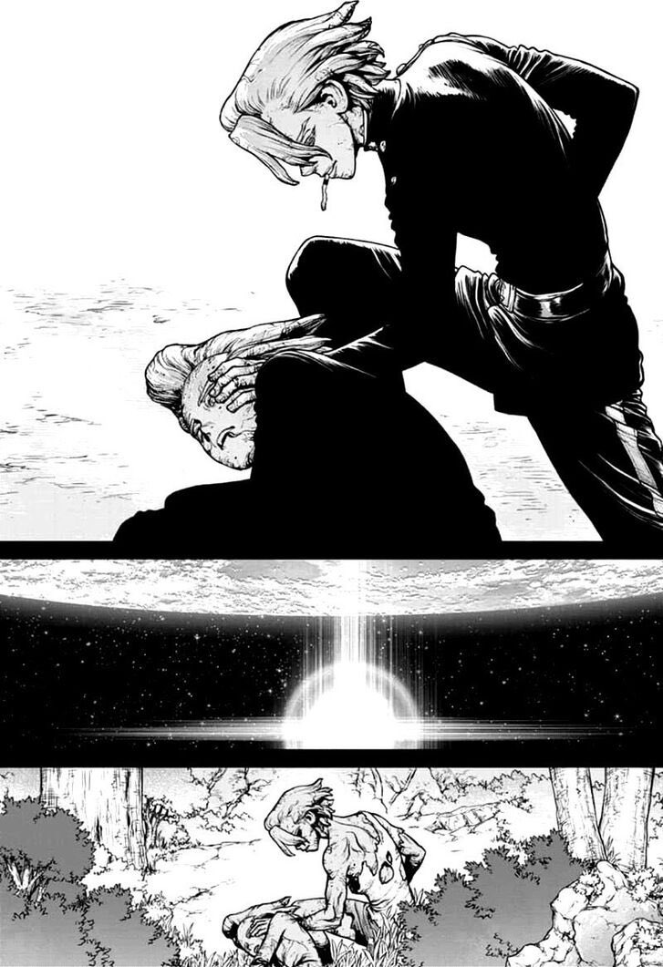 Outside of conventional storytelling with placement in setting space, every other panel involving the two have consistently shown Stanley’s yearning. An example of this is their petrification pose. Stanley is shown looking at/towards xeno in every panel, solidifying his role