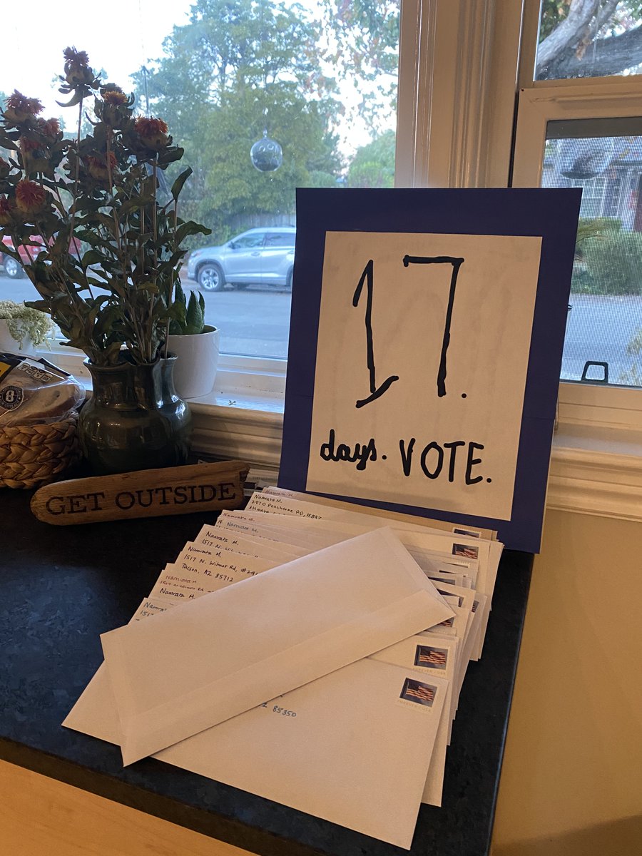 The kids and I planned to write to 5 voters, but we couldn't just stop at 5. So now we have 50 letters, all ready for the #bigsend tomorrow! Please everyone vote, and vote early! @votefwd