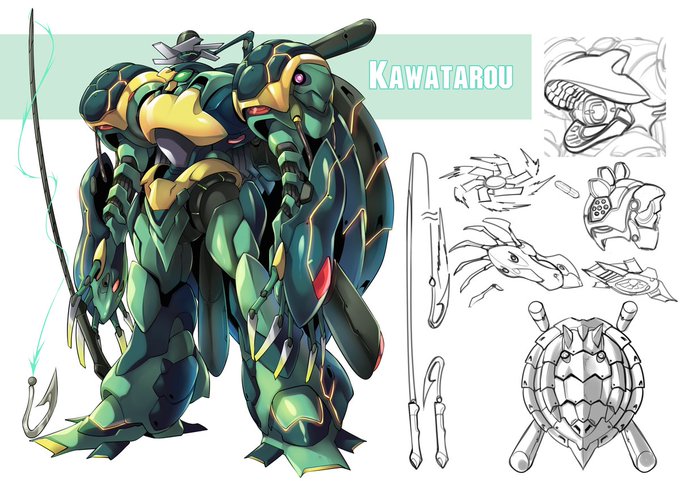 河太郎 
工作や破壊活動のため作られた忍びの水陸両用鉄機。川の中の使用も想定した。背中は亀みたいな甲羅が特徴。両手に爪、腕は多関節構造、両肩に魚雷発射管を装備し、魚雷やくないを収納できる。鎌は伸びることができ、鎖鎌のように使える。帽子は手裏剣。
#PRガンダム武頼1巻10月26日発売企画 