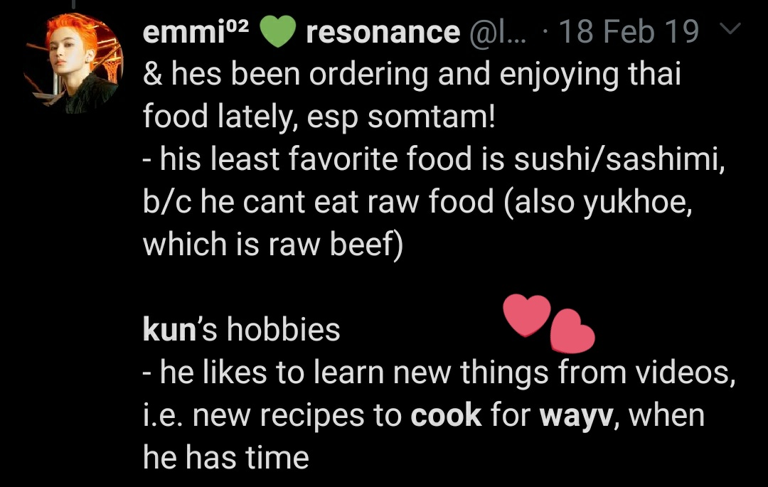 firstly, he loves cooking for his members.. he likes to learn more recipes to cook for them (1/2)