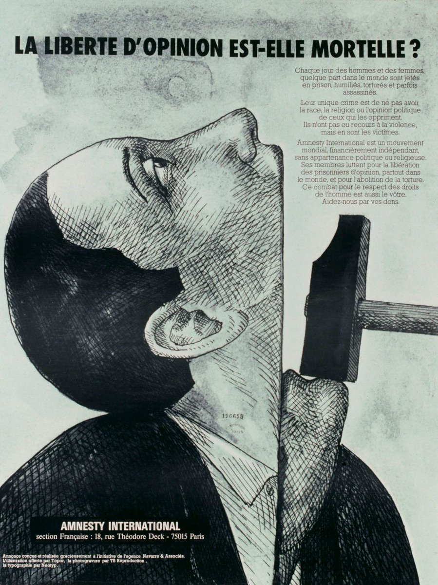 Brindille_'s tweet photo. La liberté d’opinion est-elle mortelle ? 
Affiche de Roland Topor (français, 1938 - 1997) pour Amnesty International, 1977
#Libertedexpression https://t.co/avivdrwuvN