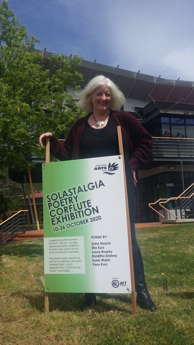 MelindaLSmith's tweet photo. This #ACTelection2020 day - how about corflutes w #poems not slogans on them ? Get down to #TuggeranongArtsCentre & check out these beauties - samples by #AshaNaznin & #RanjithaSharma (pictured) https://t.co/pMznCif37m