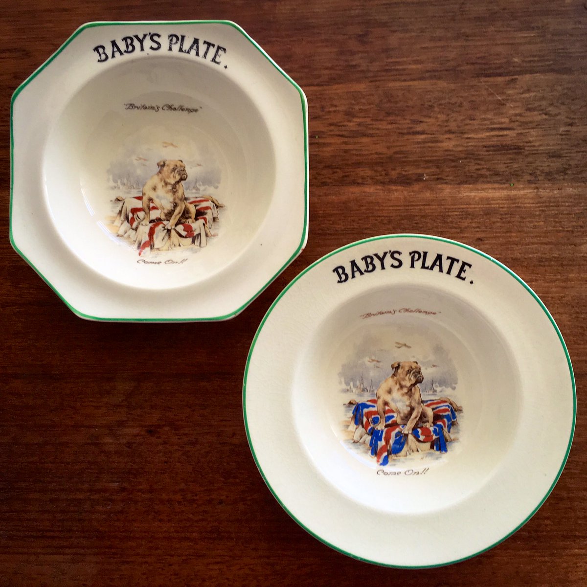 Tempted to use my latest opshoporium acquisitions as Lamington’s water bowls, but I’m worried about the impact of combined canine, military and patriotic symbolism on her delicate psyche. Empire ‘Shelton Ivory’ baby bowls. Stoke-on-Trent. Pattern 541. Circa 1940.  #VintageChina
