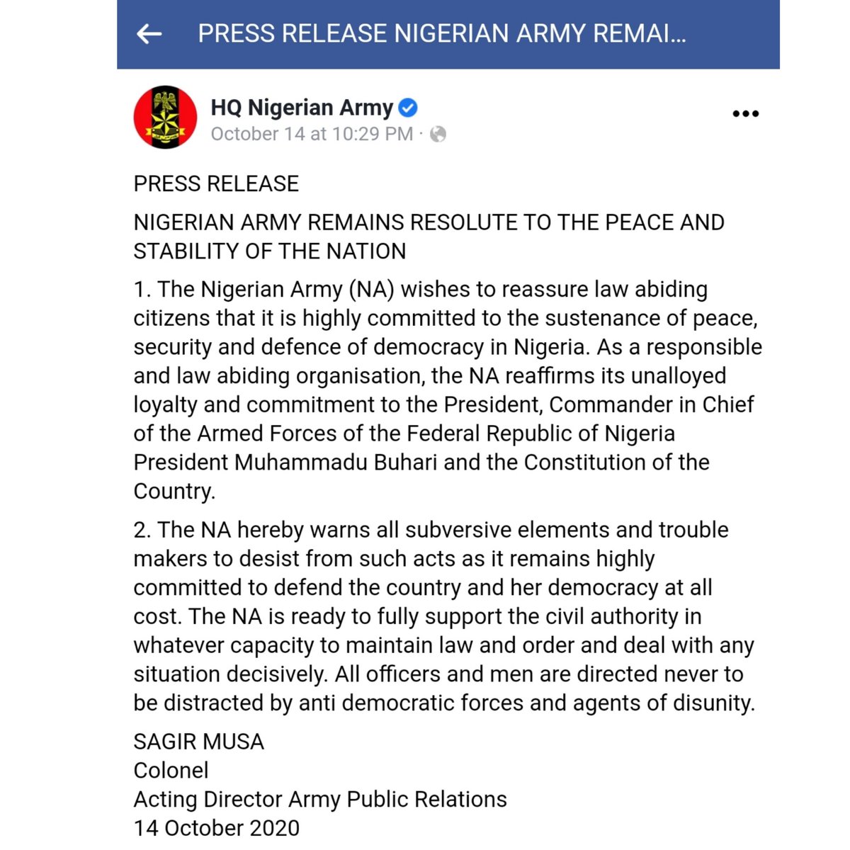 AdeolaFayehun's tweet image. Why is the army suddenly announcing to us that their loyalty lies with the president?!? 🤔 @HQNigerianArmy We're watching you! Don't attack protesters in the disguise of "loyalty" to a failed president o!🚶🏿‍♀️ #sarsmustend #EndSARS #BuhariHasBeenABadBoy