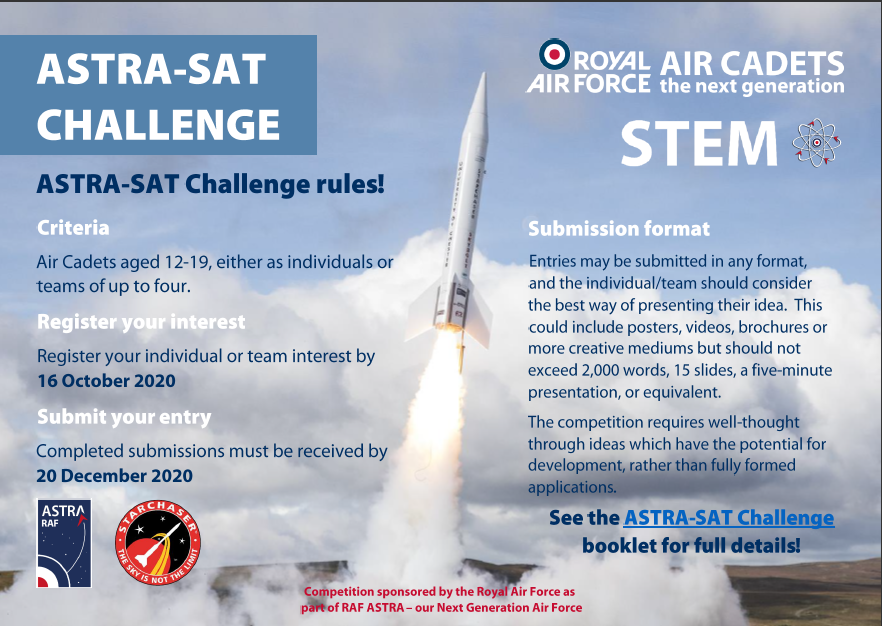 WOW! 🚀A MASSIVE 97 RAF Air Cadet teams have registered for the ASTRA-SAT Space challenge, organised by the RAF Core ASTRA Team, partnered with STARCHASER 🛰️

Teams have until 20 Dec to submit their plans on how satellites could be further used.
TO THE STARS!
<a href="/ComdtAC/">Commandant RAF Air Cadets</a> <a href="/aircadets/">RAF Air Cadets</a>