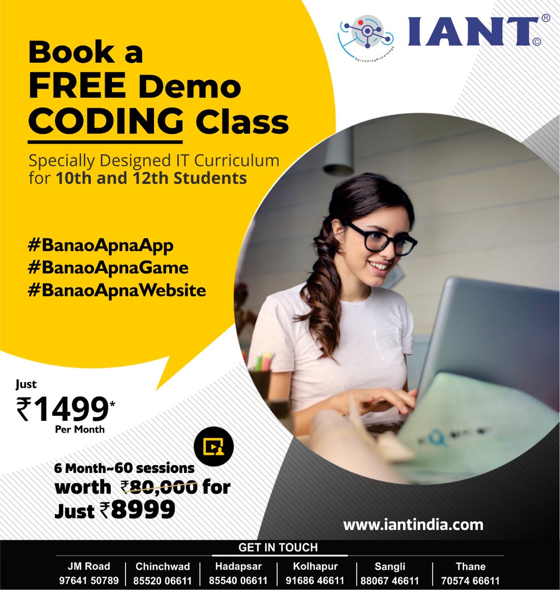iantmaharashtra's tweet image. R u a 10 or 12 pass out? R u going to step up in college? Then u must learn coding to stand before the crowd by making ur game,website,mobile app
Achieve it by learning coding in just Rs.1499* per month
Attend free demo class
Call now
#codingclassesforall #codingclassesforteens
