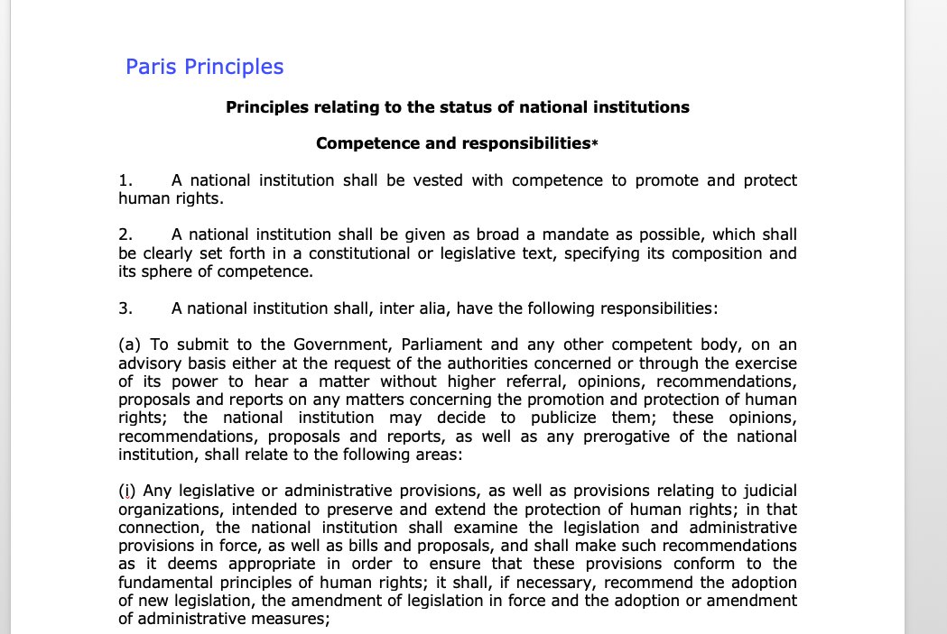 In 1993, the General Assembly of the UN adopted the ‘Principles Relating to the Status of National Institutions’. We call these The Paris Principles.The Paris Principles direct that a real NHRI must be independent and have autonomy from executive or legislative influence.