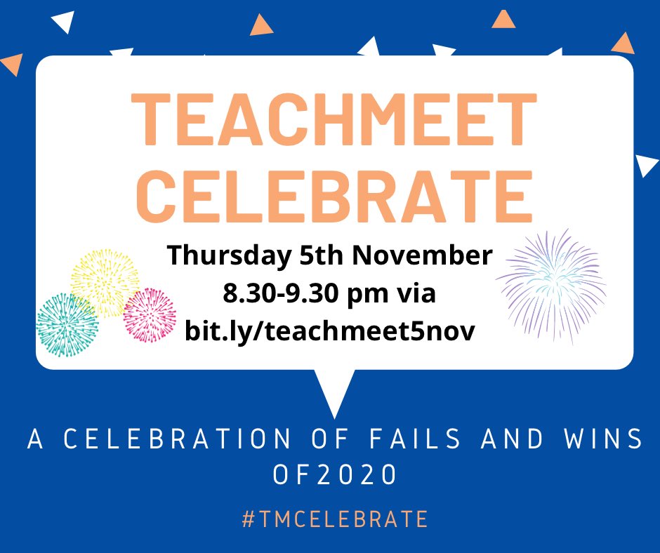 Looking for new voices too! Do you know someone who wants to celebrate something they did this year? Let them know about #TMCelebrate on Thu 5 November at 8.30PM via bit.ly/teachmeet5nov - put it in your diaries!
