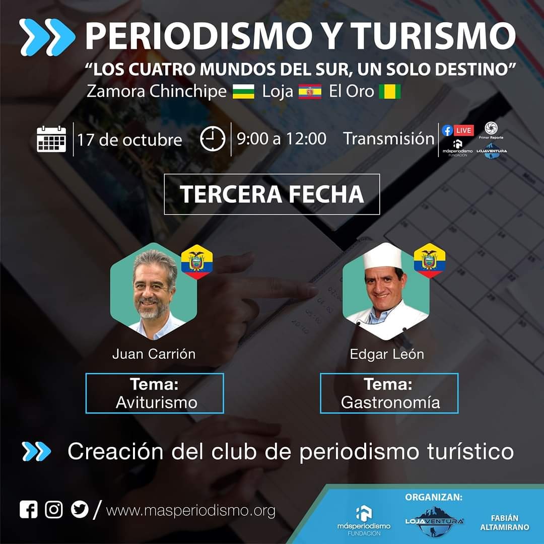 Se acerca la tercera fecha de nuestras jornadas de formación en #PeriodismoTurístico. 🔥🙌

¡Te esperamos! 😌
#Loja