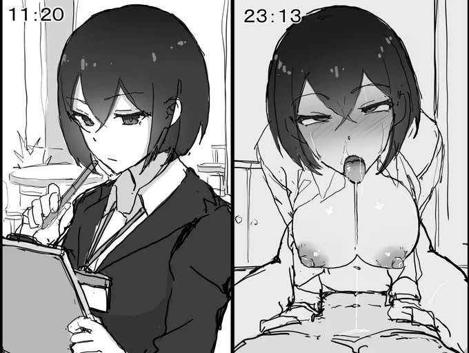 真面目に働いてる顔とアクメ顔を並べた落書き 