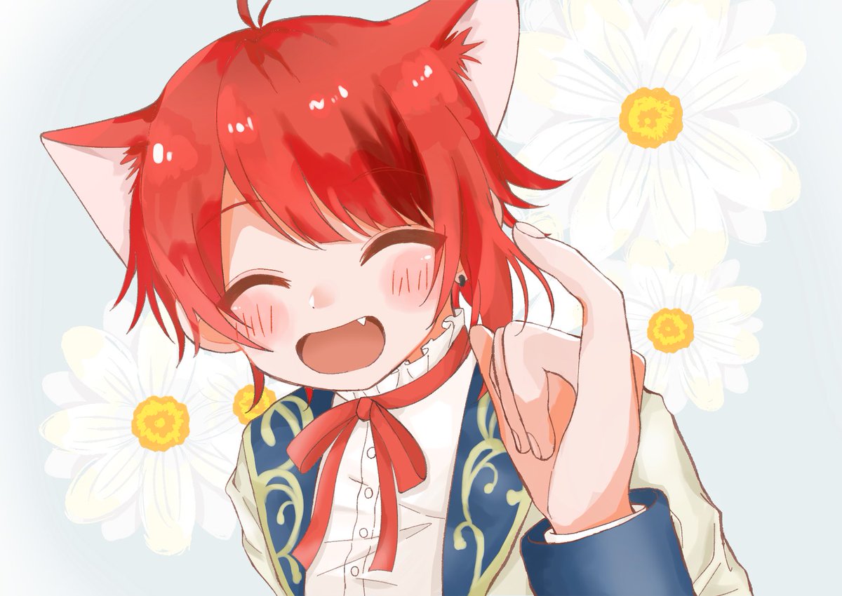 animal ears red hair fang 1boy male focus closed eyes cat ears  illustration images