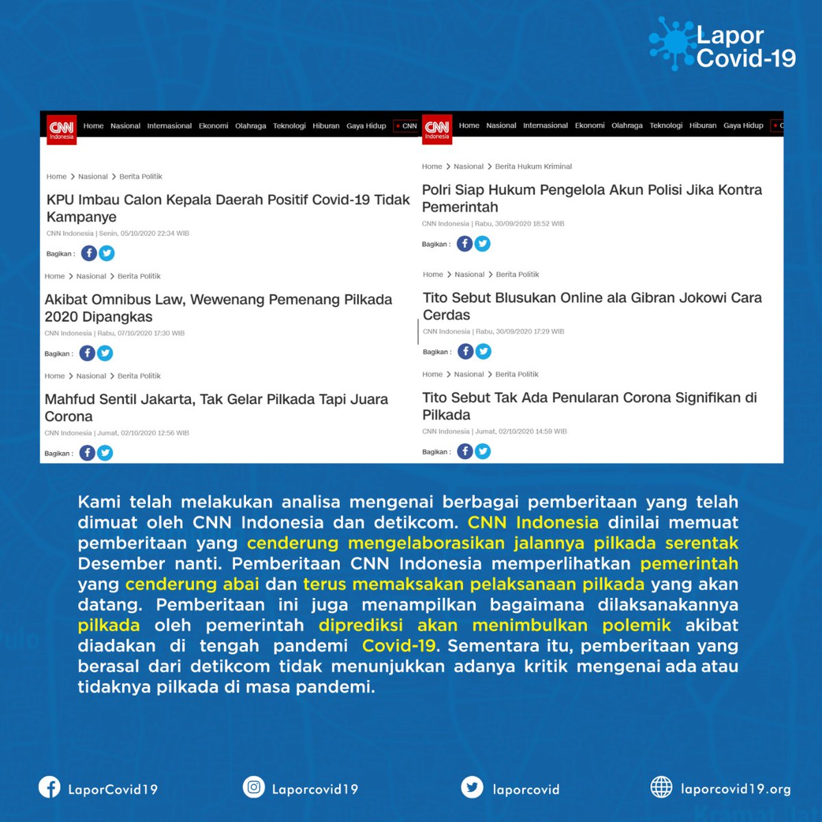 LaporSehat's tweet photo. TEMUAN
#SobatLC simak yuk analisis medsos tim @laporcovid soal Pilkada ditengah Pandemi
Ada 3 tagar yg terkait: #Pilkada2020 #pilkadavsnyawarakyat dan #pilkadalanjutprotokolketat
yang jadi sasaran analisis https://t.co/gkRU0fFO1O