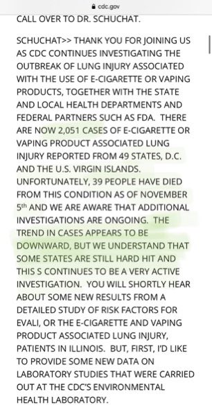 11/ This may be coincidental, but the pattern of the EVALI cases did tend to show clustered outbreaks throughout the country, which would fade & then more clusters would appear elsewhere. As of a telebriefing in 11/2019 some places were still “hard hit”  https://www.cdc.gov/media/releases/2019/t1108-telebriefing-vaping.html