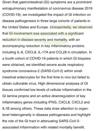 14/ first. In both illnesses, GI symptoms were associated w/ reduced severity & mortality,  https://twitter.com/sixandlaura/status/1315123001545891841?s=21