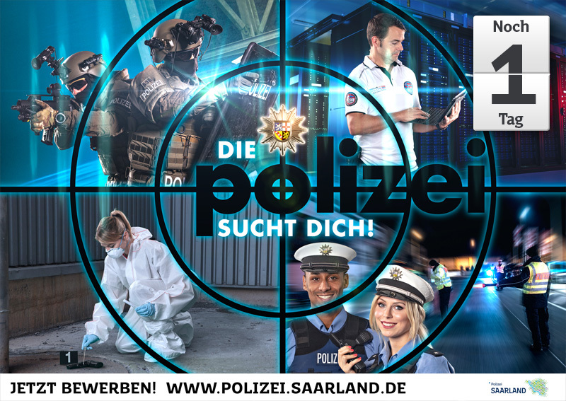 3...2...1...Letzte Chance - morgen endet die Bewerbungsfrist für den gehobenen Dienst in der #PolizeiSaarland! Ihr habt noch Fragen? Tipps und Infos gibt es unter saarland.de/polizei! #jetztbewerben, interamt.de, Stellen–ID: 586575