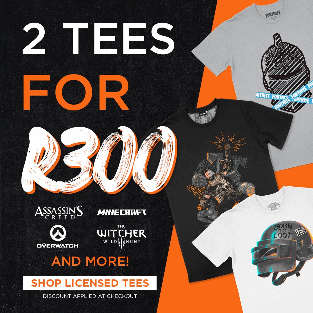 ModeStoreSA's tweet photo. Mode has the REAL DEAL for you! 💯
Gear up and take 2 officially licensed t-shirts for only R300!
Shop now: https://t.co/nOyvd2jaaC
Stock is limited so get it while it's hot! 🔥
#ModeStoreSA #DealMode #ShopMode #Fortnite #CallofDuty #PUBG #Gaming #OfficiallyLicensed https://t.co/IqHHrCSK6U